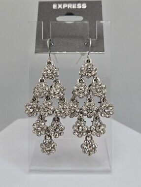 Vintage Style Rhinestone Chandelier Earrings Silver Tone Bridal Statement 2.5" N